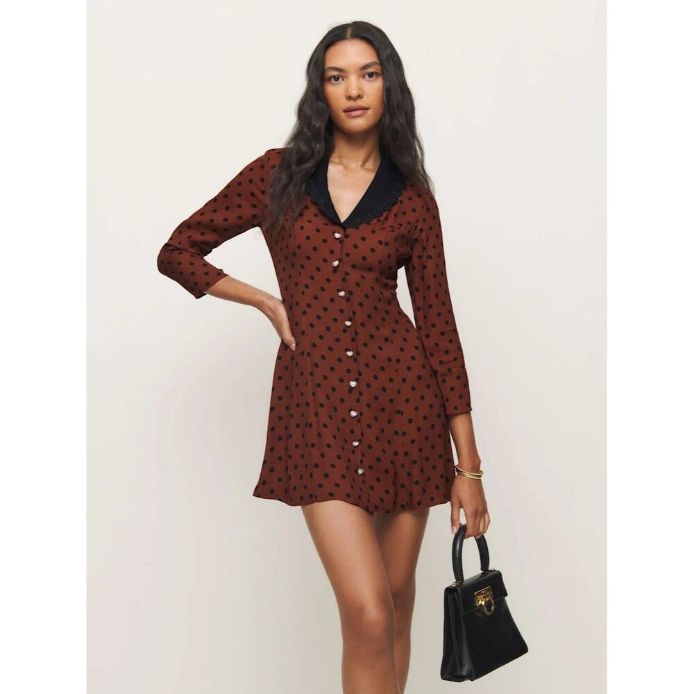 Reformation Galene Mini Dress Women’s Sz 6 Fig Jam Dot Scalloped Collar Tie Back